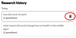 Screenshot displaying how to delete the history of searches on Primo Research Assistant