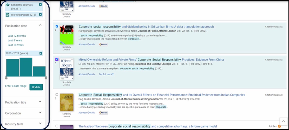 Proquest search results with options down the left circled