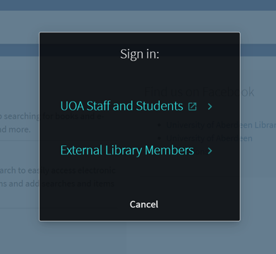 Screenshot of Primo Sign in screen featuring a central black box with the options: UOA Staff and Students and External Library Members