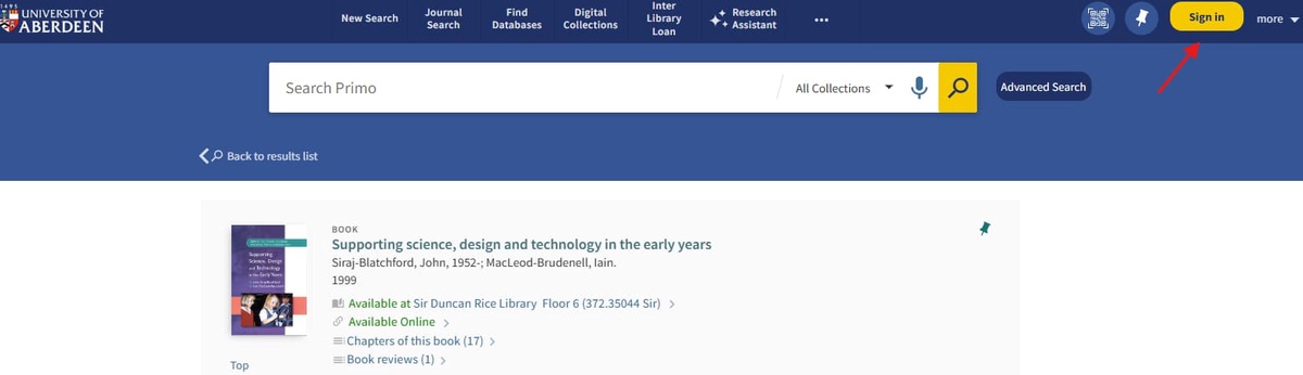 Screenshot highlighting the sign-in button on Primo