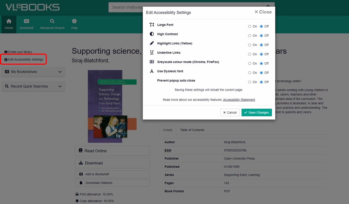 Back to book details page on VleBooks: Edit Accessibility Settings options is circled in red.