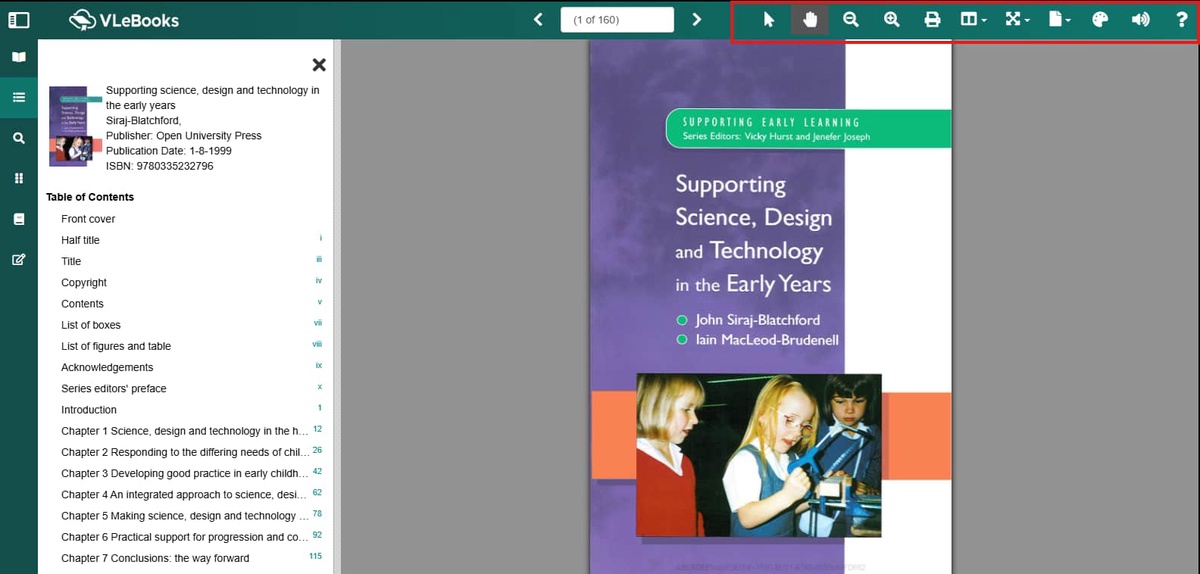 Screenshot of the VLE reader with the toolbar at top highlighted