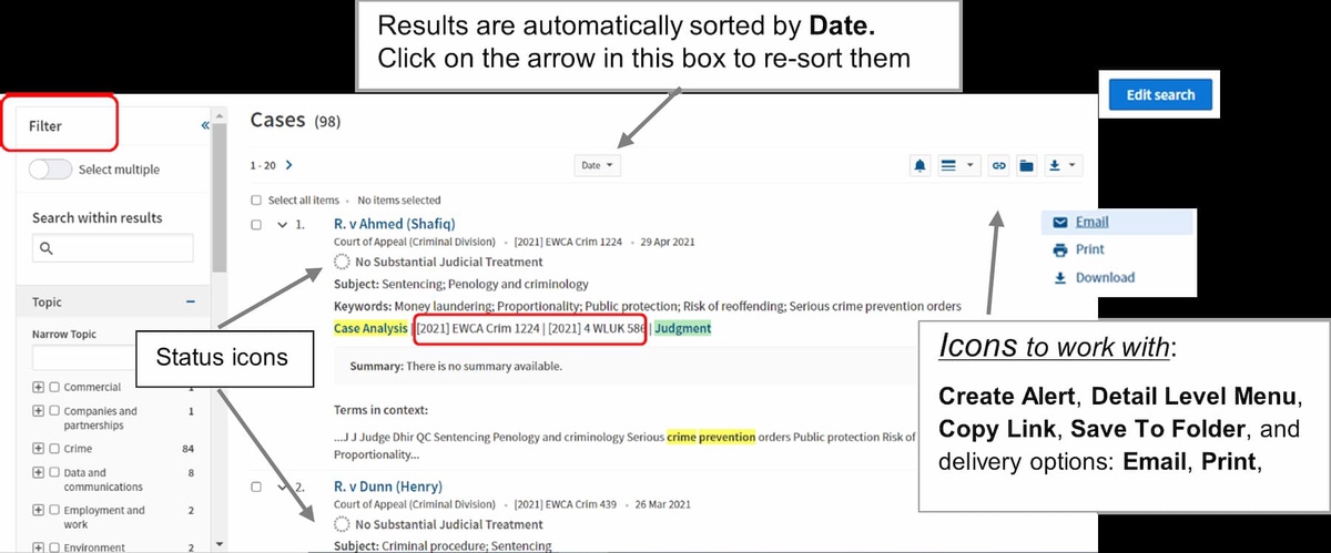 a screenshot of a case search results screen showing sorting, filtering and saving options.