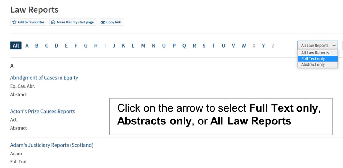 Screenshot showing Westlaw UKs 'Browse Law Reports alphabetically' section.