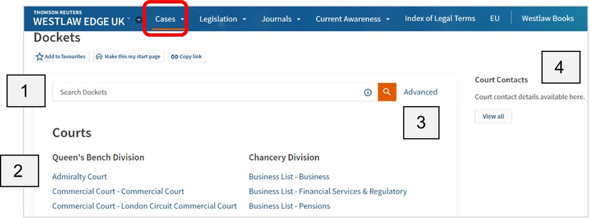A screenshot Westlaw UKs Dockets feature, highlighting the Search, Browse, Advanced Search and court Contact sections.