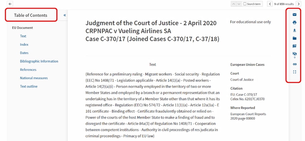Screenshot of  EU case with the table of contents highlighted on the left hand side of the page and the document saving options on the right hand side of the page.