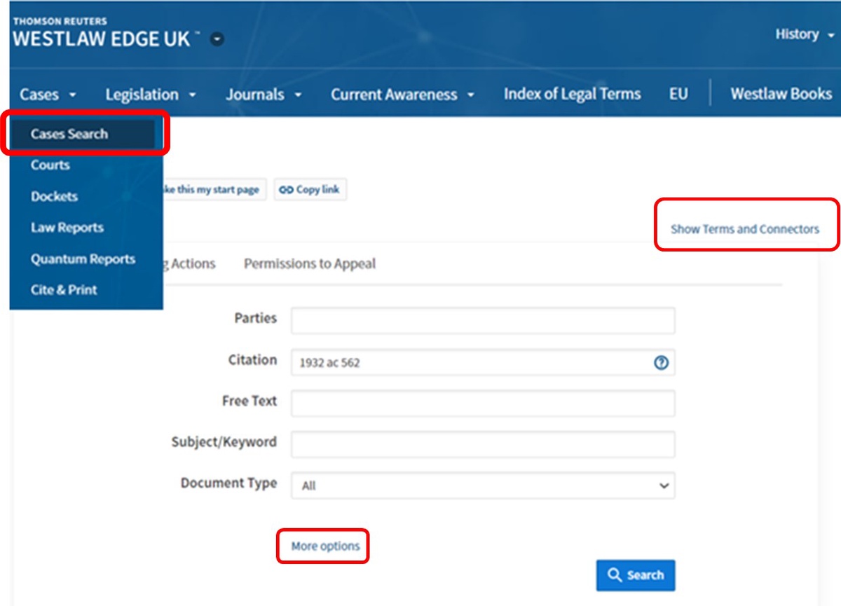 Screenshot of Westlaw UK case search home page with 'show terms and connectors' highlighted.