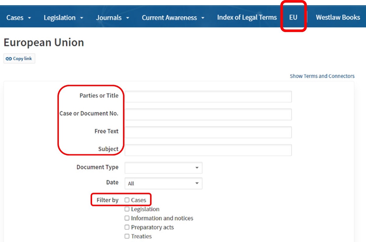 A screenshot of Westlaw UKs EU section, highlighting the search options.