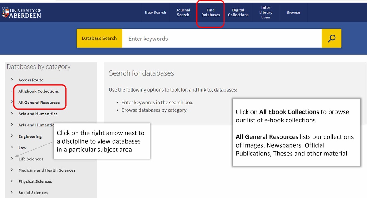Find Databases display in Primo. All Ebook Collections and All General Resources are highlighted on the left hand side.