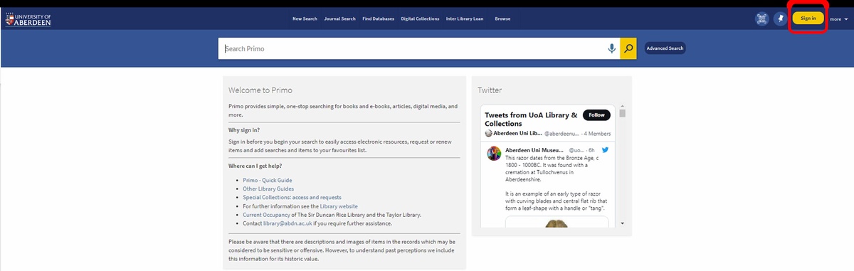 Screenshot of Primo landing page, featuring single search box. The sign in option in the top right corner is circled in red.