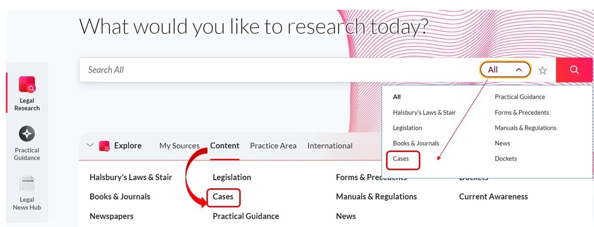 Image shows the Home page of Lexis+ UK with access to cases