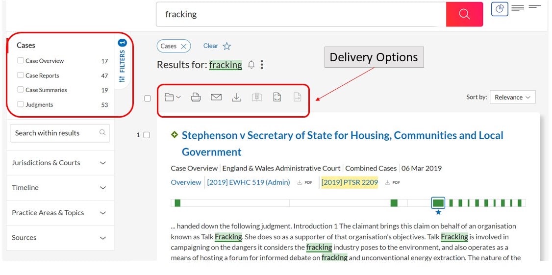Image shows the results page in Cases tab after a search and the available delivery options, e.g., folders, print, email