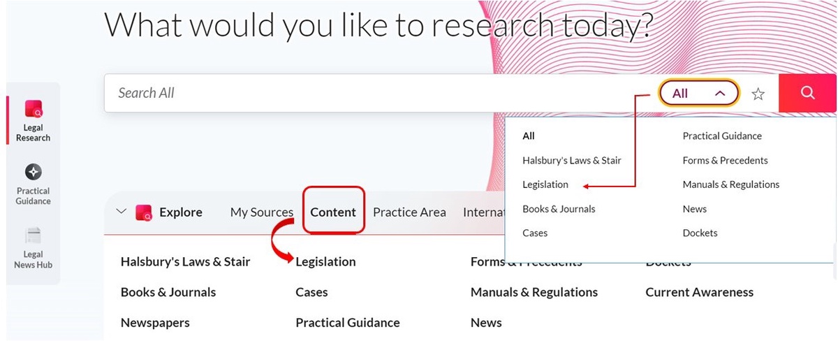 Image shows the main search box and the Legal Research tab for accessing Legislation from the Home page of Lexis.