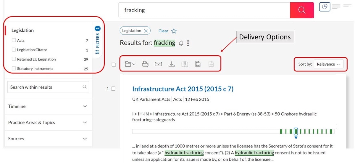 Image shows the results page after searching for Legislation