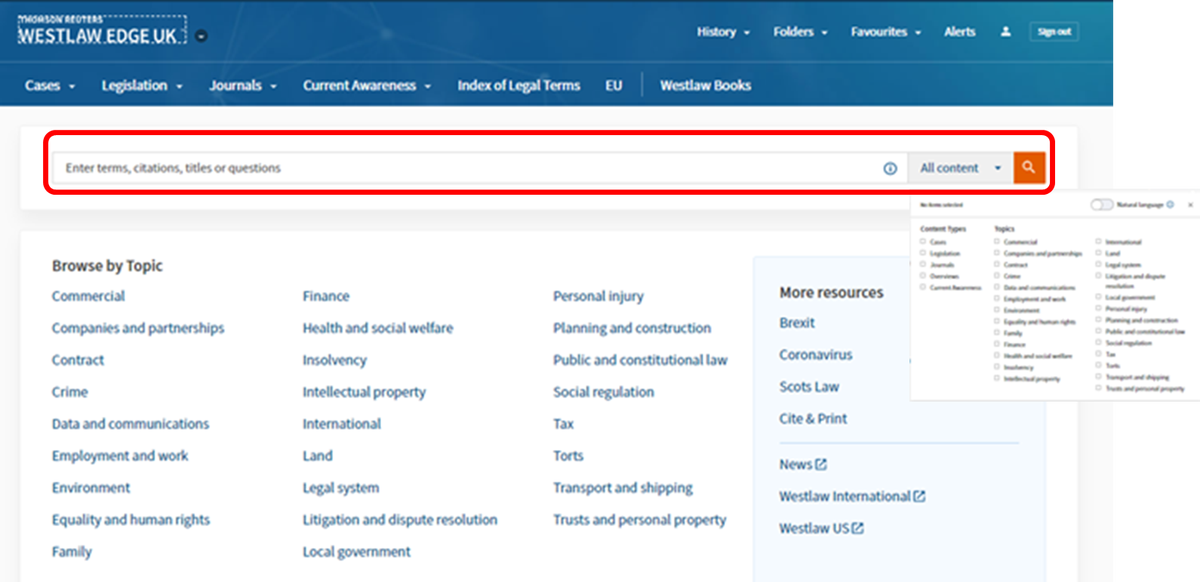Screenshot of Westlaw UK homepage with the search bar highlighted