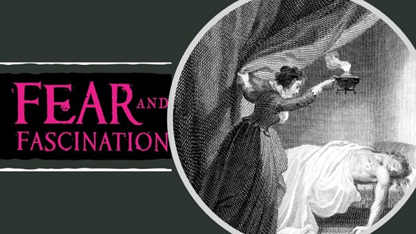 A poster for Fear and Fascination, with the text in pink on a black and great background, with an etched image of a woman in a dress holding a candle above the figure of a sleeping man