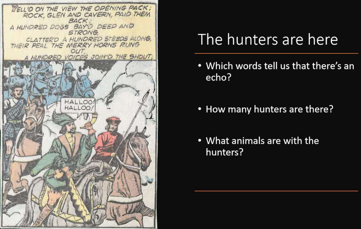 A page from the PowerPoint with a picture from the cartoon and some questions.
