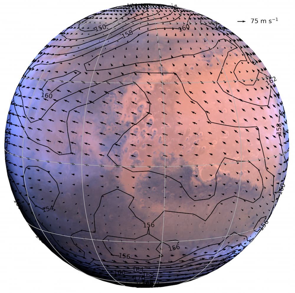 A view of Mars with superimposed wind vectors and temperature contours at 20 Pa. From Young et al. 2022 GRL vol 49 article e2022GL099656 Fig 2a.