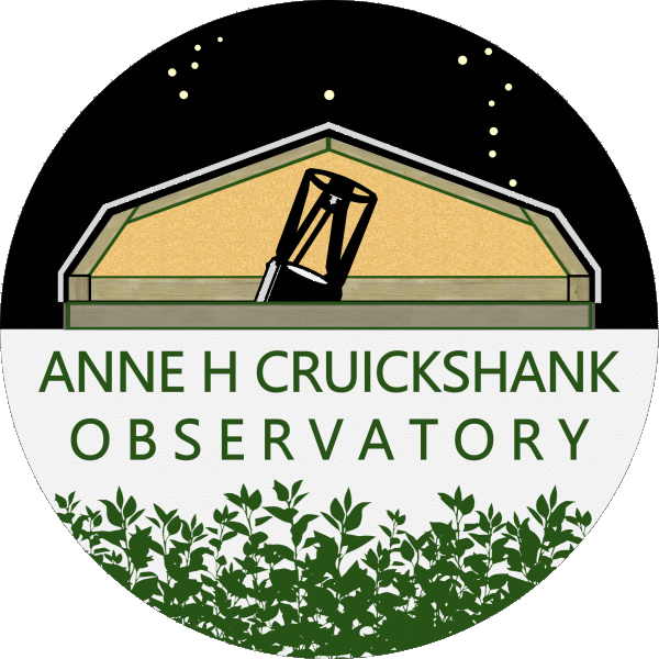 Anne H Cruickshank Observatory logo, showing an artist's rendition of the observatory in the upper half, with stars and the night sky, and green plants in the lower half.