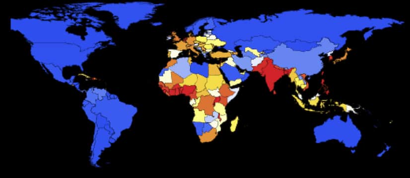 A map of the world showing each country in a different colour corresponding to the number of deaths in a modelled global ebola epidemic. The simulation is at an early stage with the epidemic mostly confined to Africa, India, and Europe. From http://wolfr.am/ebola by Marco Thiel.