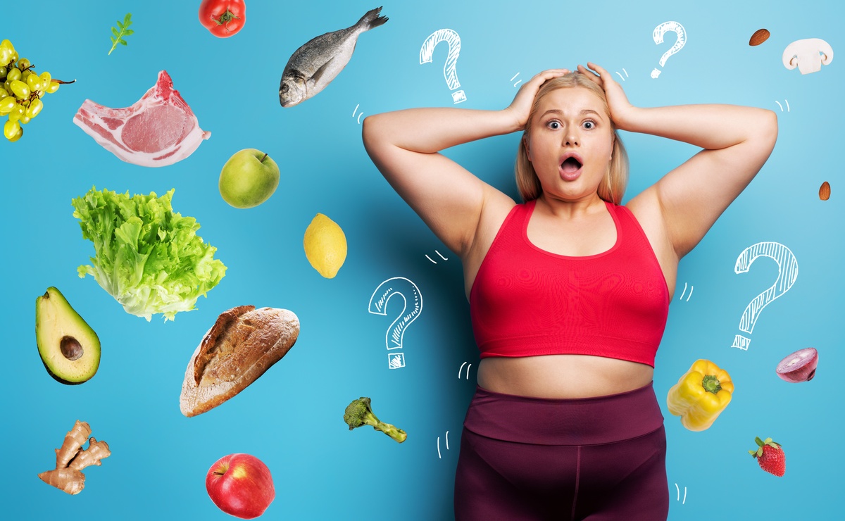 A woman looking confused surrounded by images of food and question marks