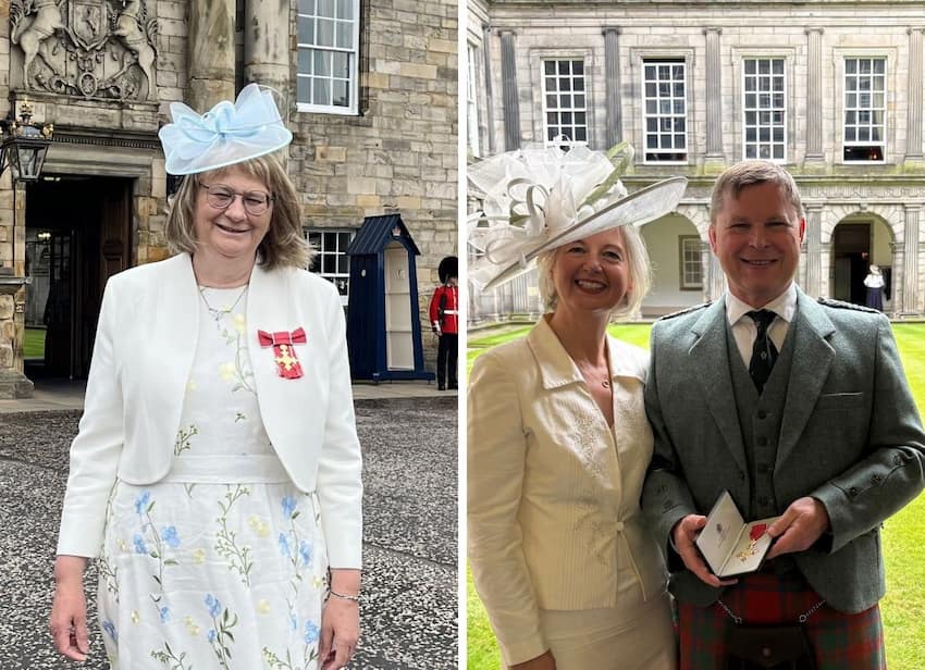 Two women and a man dressed up in very smart clothes at a royal event