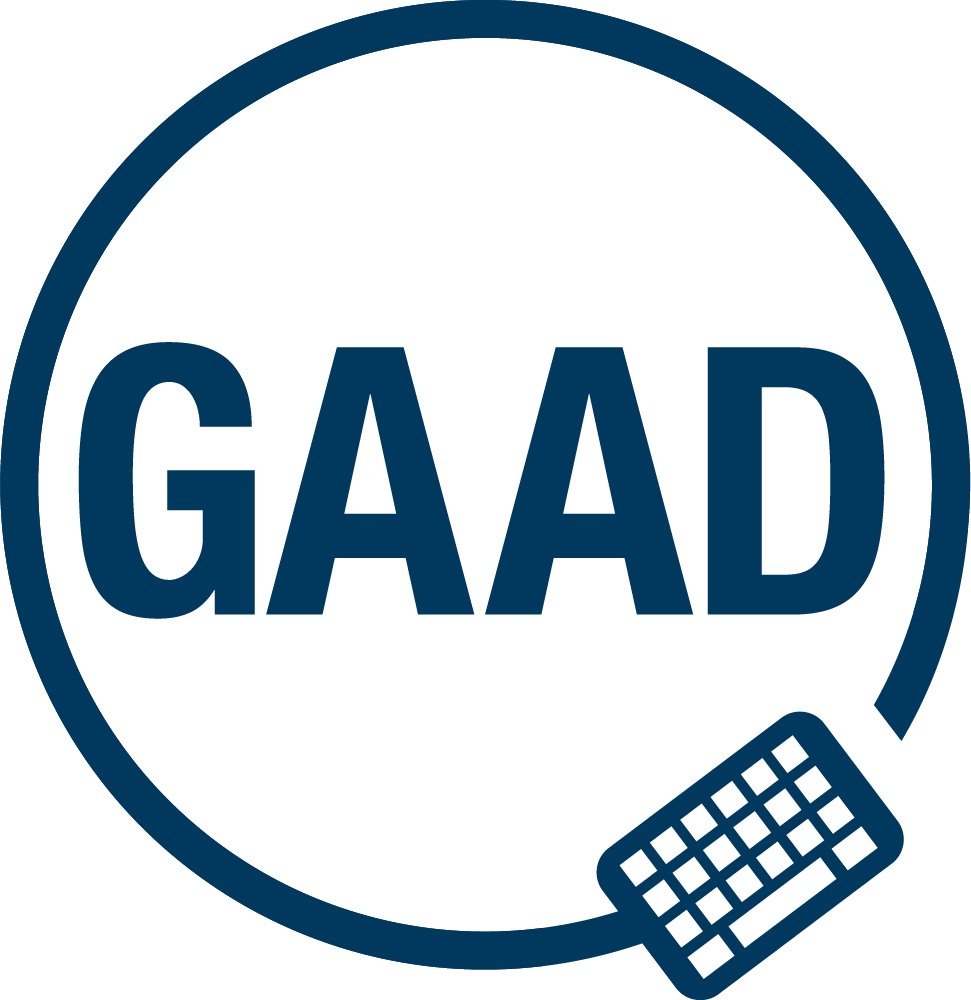 A navy blue logo for Global Accessibility Awareness Day. It has the letters GAAD in a circle with a keyboard at the bottom.