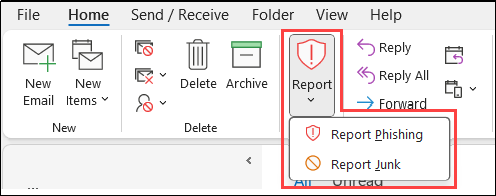 report phishing button in Outlook desktop client app