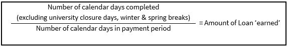 Number of calendar days (excluding university closure days, winter & spring break) divided by the Number of Calendar days in payment period, equals Amount of Loan Earned