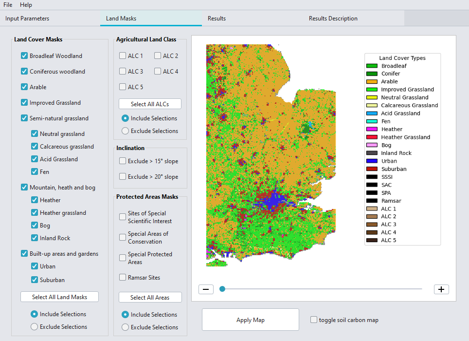 A screenshot of the software called LUNA, showing the land masks tab.