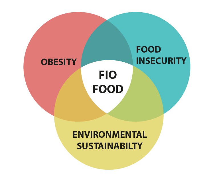 A triple Venn diagram outlining Food Insecurity, Obesity and Environmental Sustainability with FIO FOOD (Food Insecurity in people living with Obesity) at the intersection of the three circles