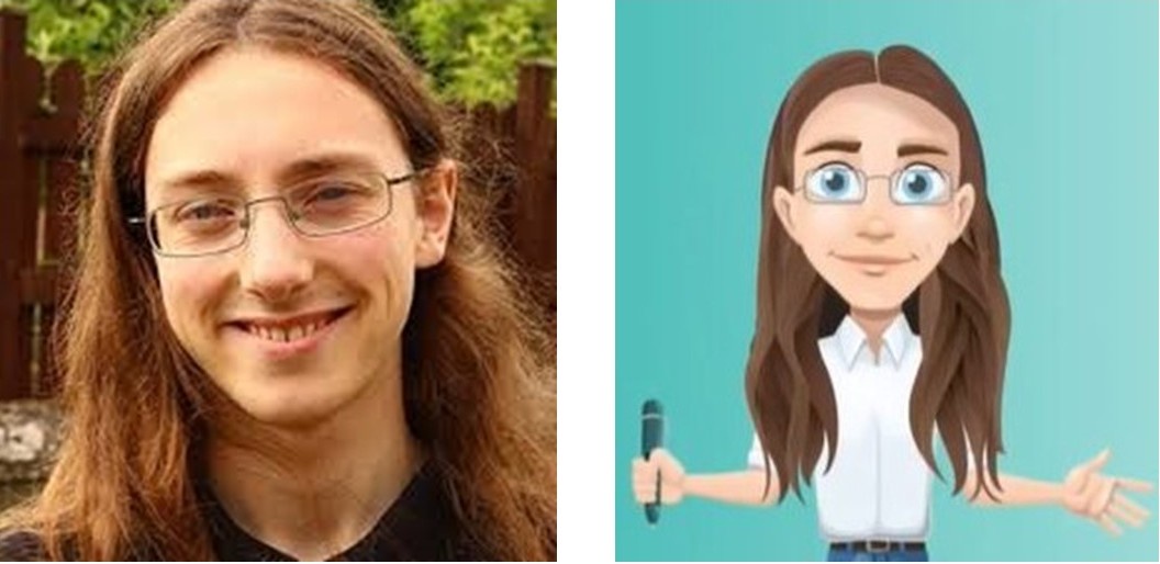 Two side by side images of Alex. On the left is a photograph of him, long brown hair and glasses. On the right the animated version.