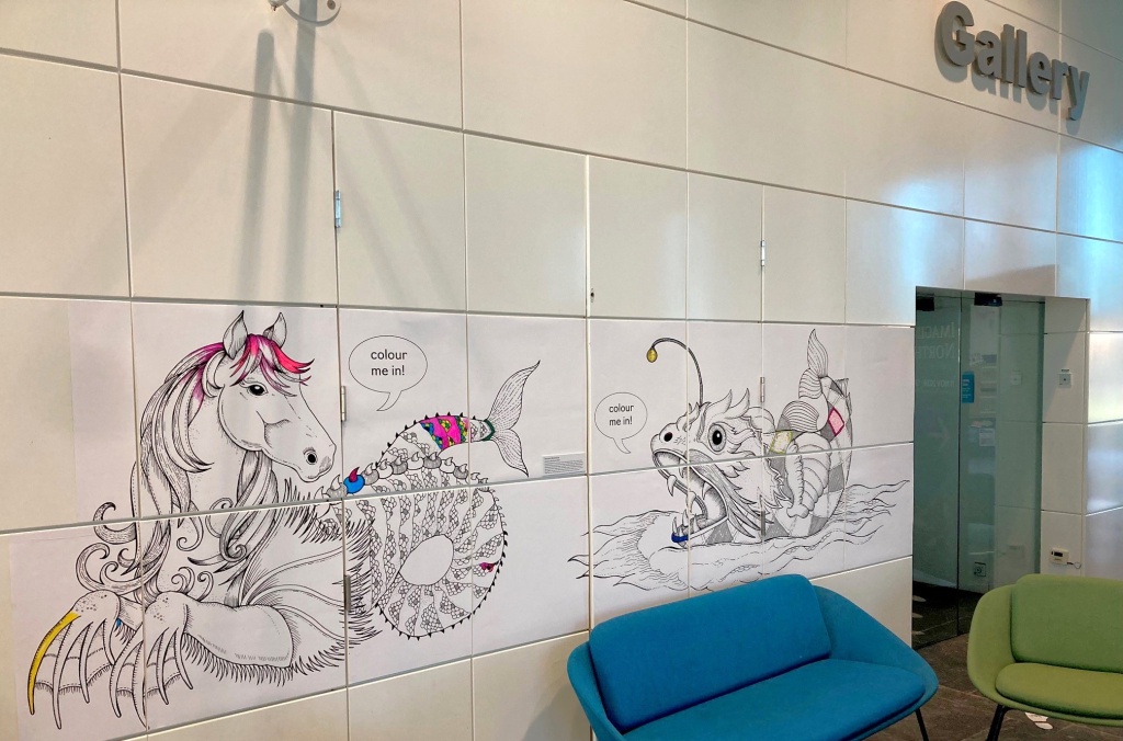 Johanna Basford's sea monsters in the Sir Duncan Rice Library