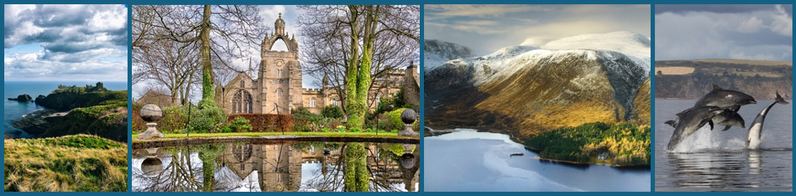 A collage of images showcasing Scottish landscapes, the University of Aberdeen campus, and dolphins