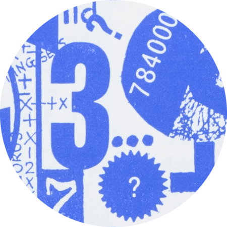 Abstratc blue and white image with number 3, question mark, random numbers, shapes