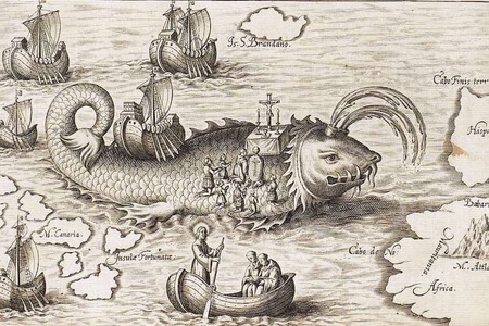 A drawing of a sea monster on an old map