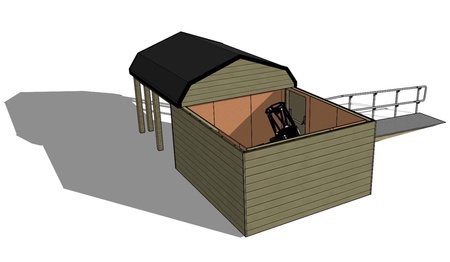 External view showing a design illustration of the proposed astronomy facility, with retractable roof and telescope in place. Image: Outsideology Limited