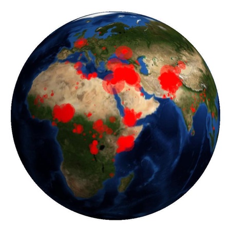 World globe with red dots corresponding to the location of terrorism events in 2015. Larger dots indicate more casualties. Data are taken from the Global Terrorism Database.