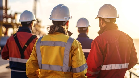 oil rig workers in discussion