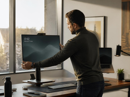 man standing at office desk adjusting computer screen height