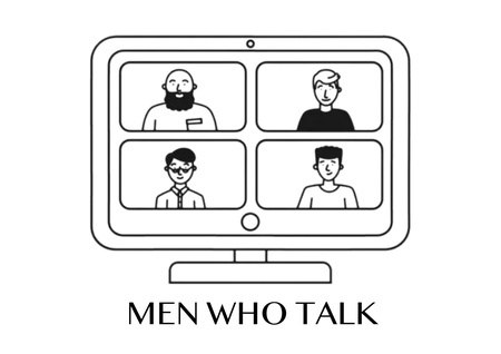 Men Who Talk Logo, illustration of an online chat with 4 men in 4 boxes on a computer screen