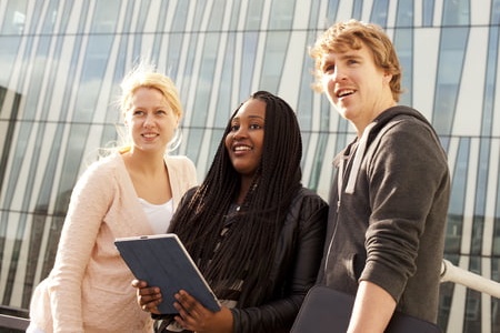 Students in front of the library