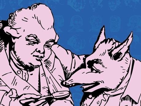 A drawing of a person and an animal, both dressed in old fashioned human clothing The person is attempting to feed the animal with a spoon.