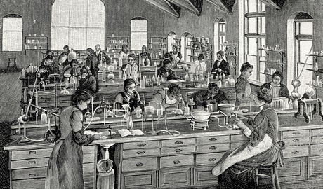 Historical image of women in a science lab