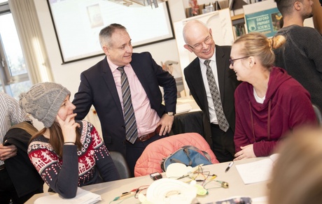 University Principal George Boyne (right) announced a new target to double the number of widening access students during a visit to the University by Scottish Government Minister Richard Lochhead. The Principal and the Minister are pictured meeting with teacher training students at the University's MacRobert Building.