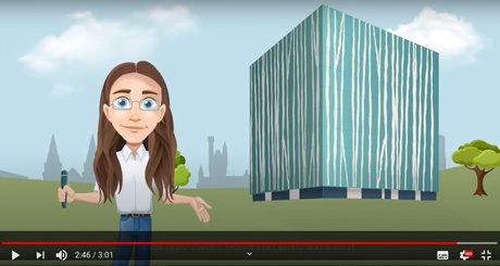 Animated image of Alex, a man with long brown hair and glasses, wearing a white shirt and holding a microphone in his hand. In the background an animated image of the Sir Duncan Rice Library can be seen.