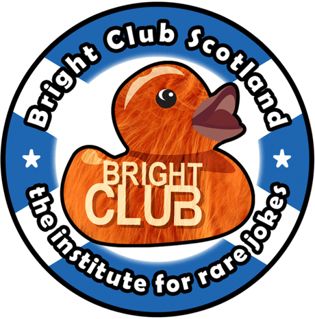 Bright Club logo of a plastic duck and slogan - the institute for rare jokes