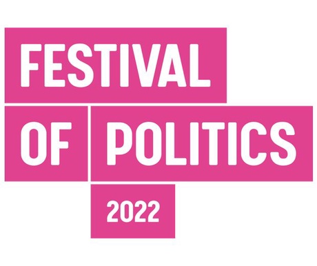 Pink and white logo with the words Festival of Politics 2022'