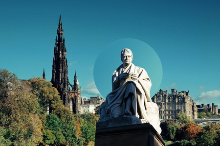 Composite image of the Scott Monument and statue of Sir Walter Scott