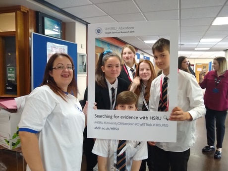 Louise Campbell with pupils at Mackie Academy Careers Event